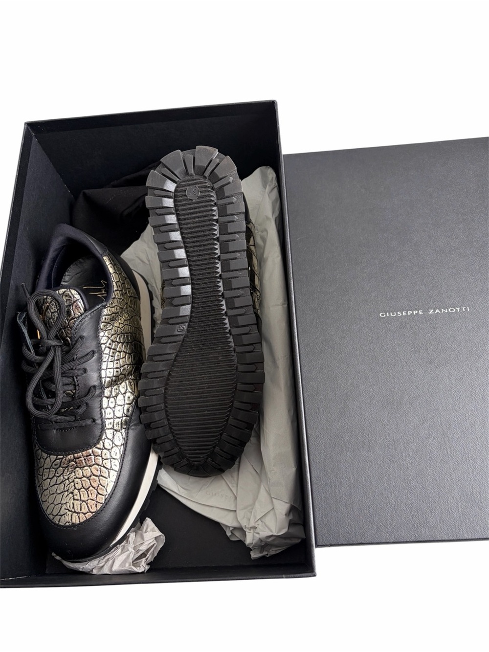 Giuseppe Zanotti Black & Gold Croc-Embossed Lace-Up Sneakers
